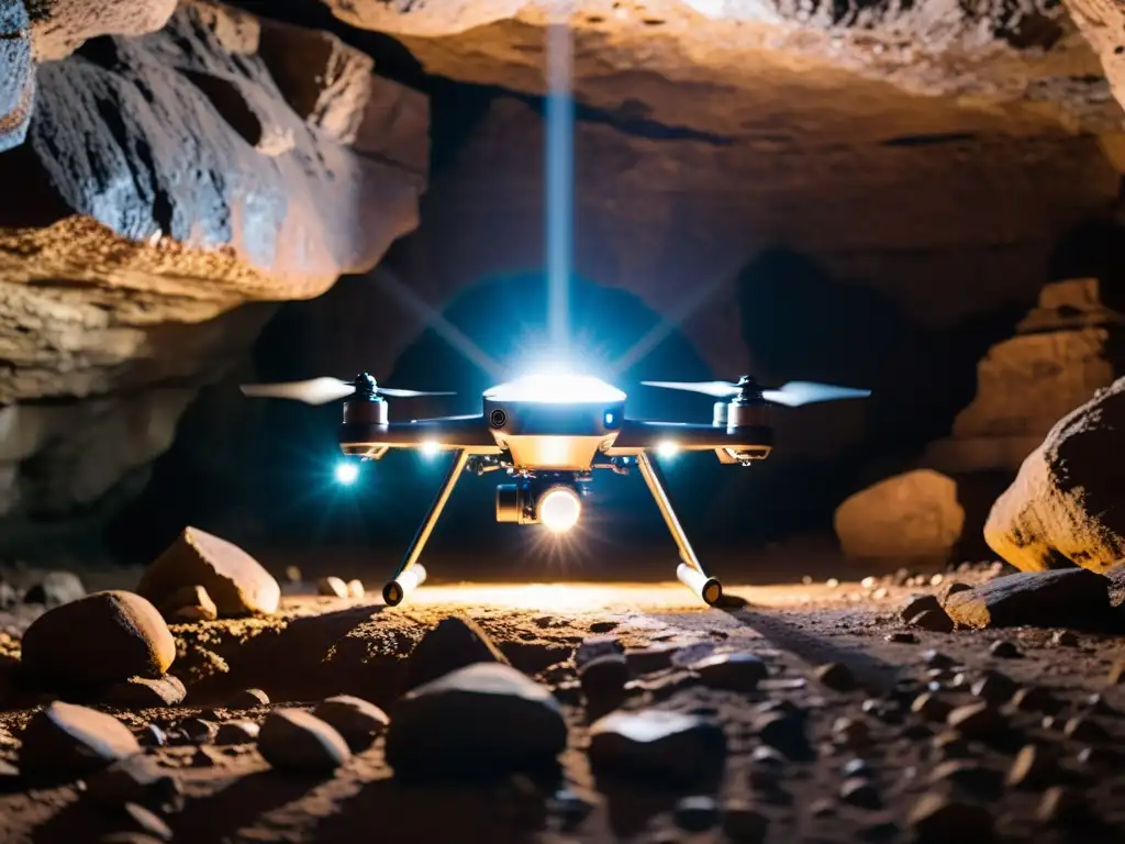 Exploración subterránea con drones: Un dron de exploración se eleva en una caverna rocosa, iluminando el terreno oscuro con luces LED brillantes