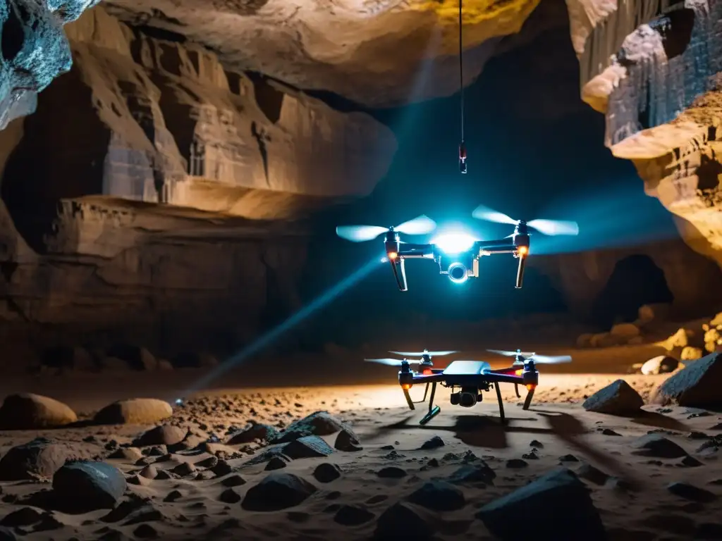 Exploración subterránea con drones: Drones avanzados iluminan y capturan la belleza de una cueva subterránea con luces y cámaras de alta resolución