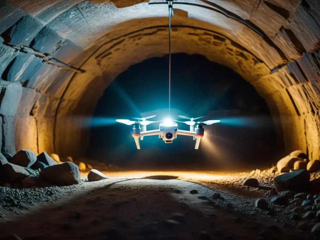 Exploración subterránea con drones: luces brillantes iluminan túneles y cámaras subterráneas, revelando la belleza misteriosa y antigua del entorno