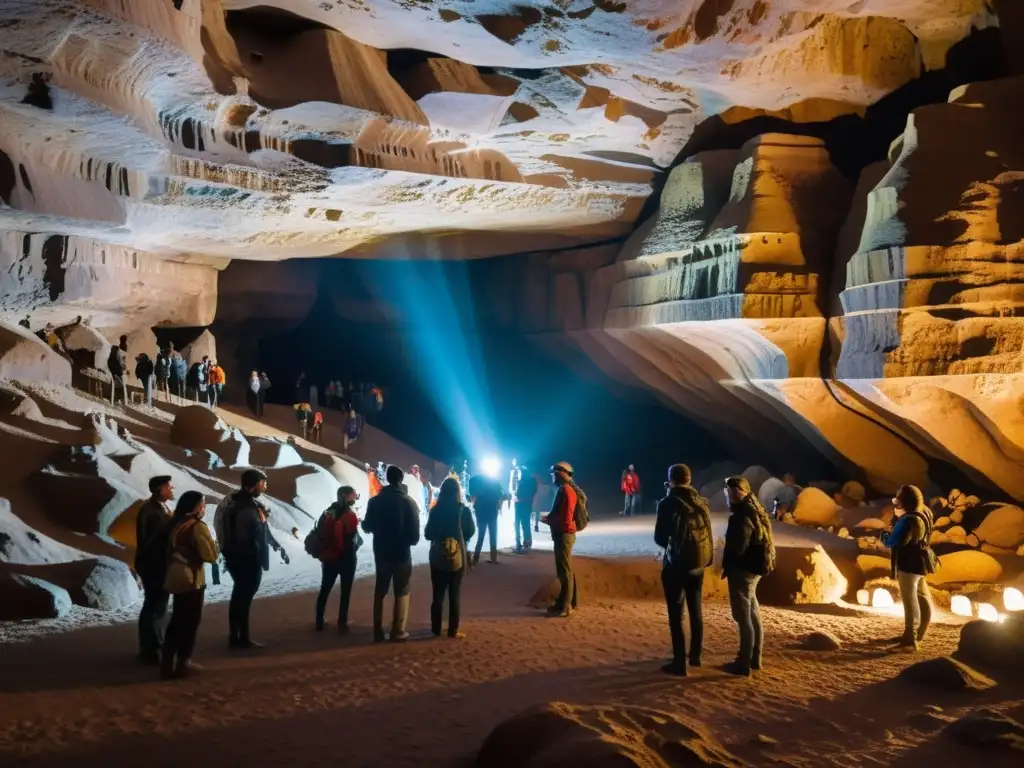 Exploración subterránea con elementos multimedia en caverna iluminada por contraste de luces cálidas y sombras, turistas atentos