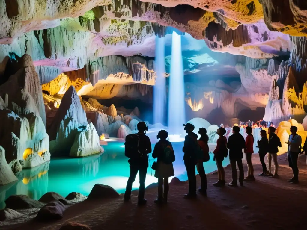 Exploración subterránea con elementos multimedia en cueva iluminada por LED, cautivando a turistas con formaciones rocosas