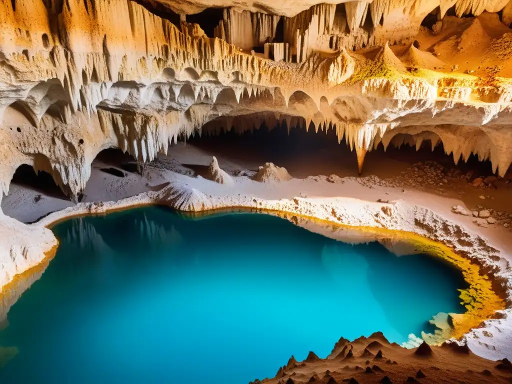 Maravillosa formación subterránea con estalactitas y estalagmitas, iluminada por luz natural