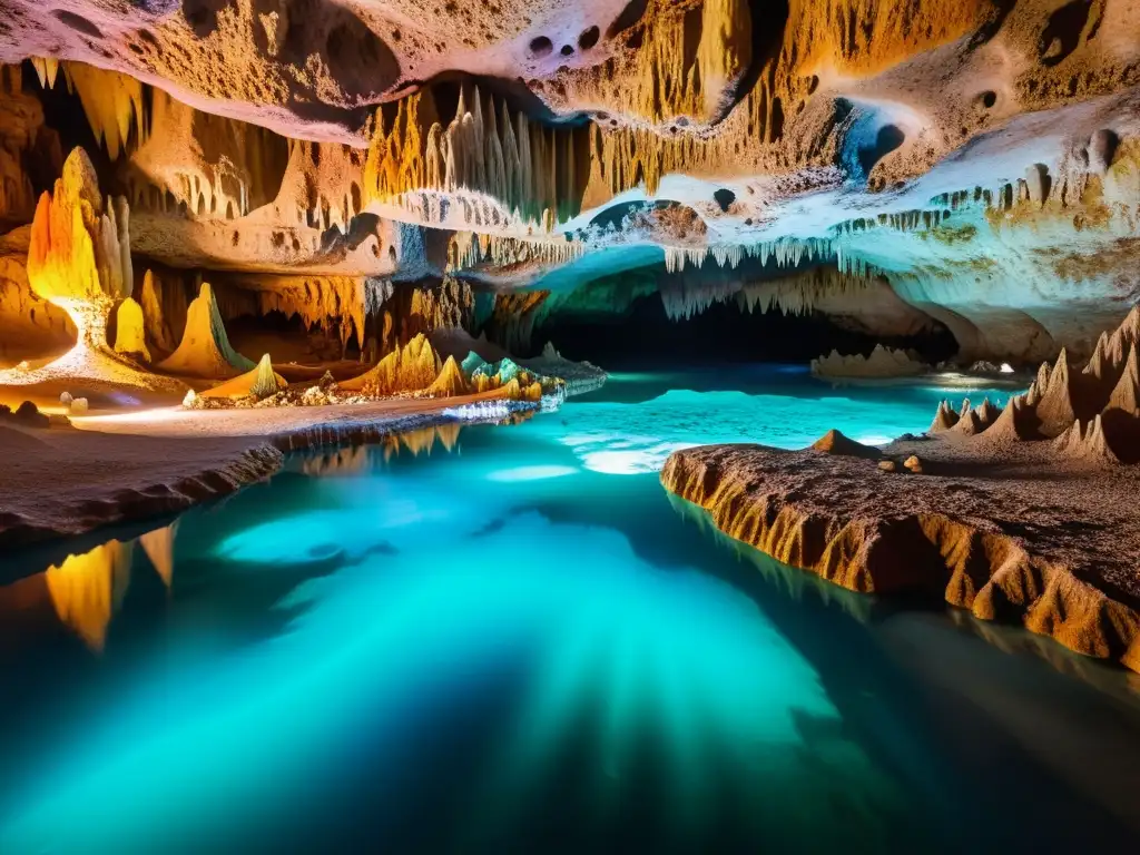 Exploración subterránea: impresionante caverna con estalactitas y estalagmitas coloridas, río subterráneo y bioluminiscencia