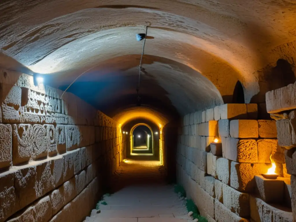 Peregrinación subterránea Jerusalén túneles: Intrigante túnel subterráneo iluminado por antorchas, con antiguas paredes de piedra tallada