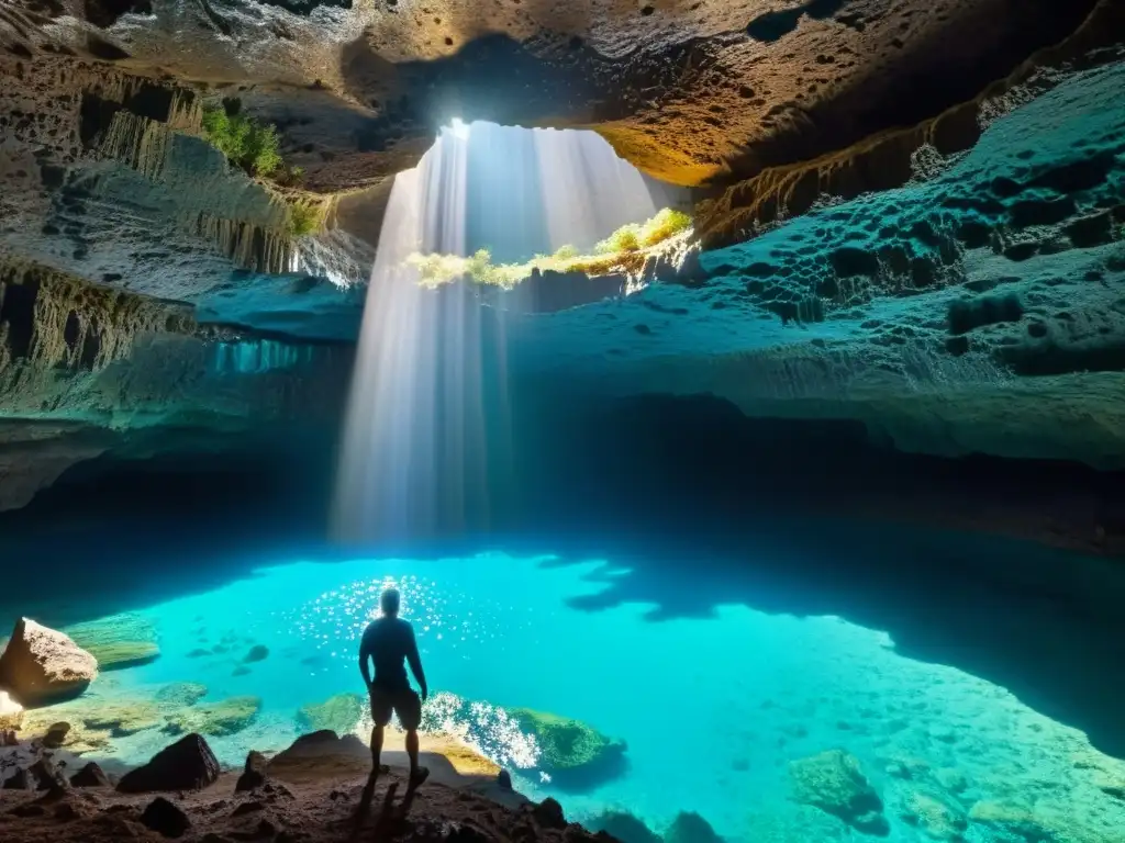 Exploración subterránea en la mágica cueva Melissani, con aguas turquesas y formaciones rocosas, capturando su misterio y belleza