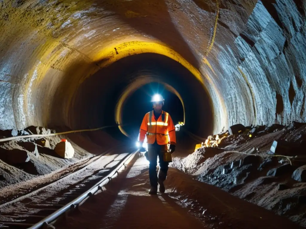 Exploración subterránea con minería, seguridad en exploraciones subterráneas con software de mapeo, mineros en túnel iluminado