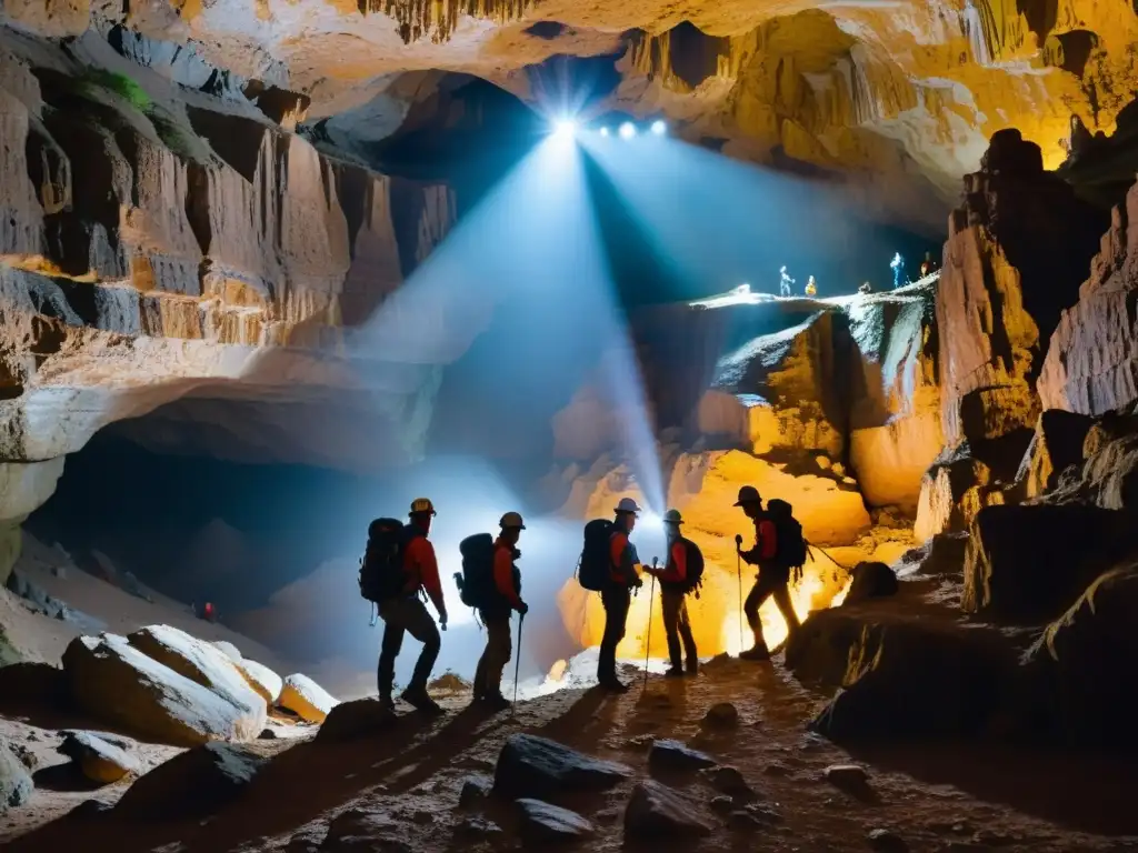 Exploración subterránea con guías profesionales equipados con linternas y equipo de escalada, descubriendo maravillas geológicas