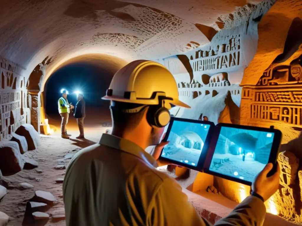 Exploración subterránea con realidad aumentada en arqueología, equipo de arqueólogos usando tecnología avanzada en túnel antiguo