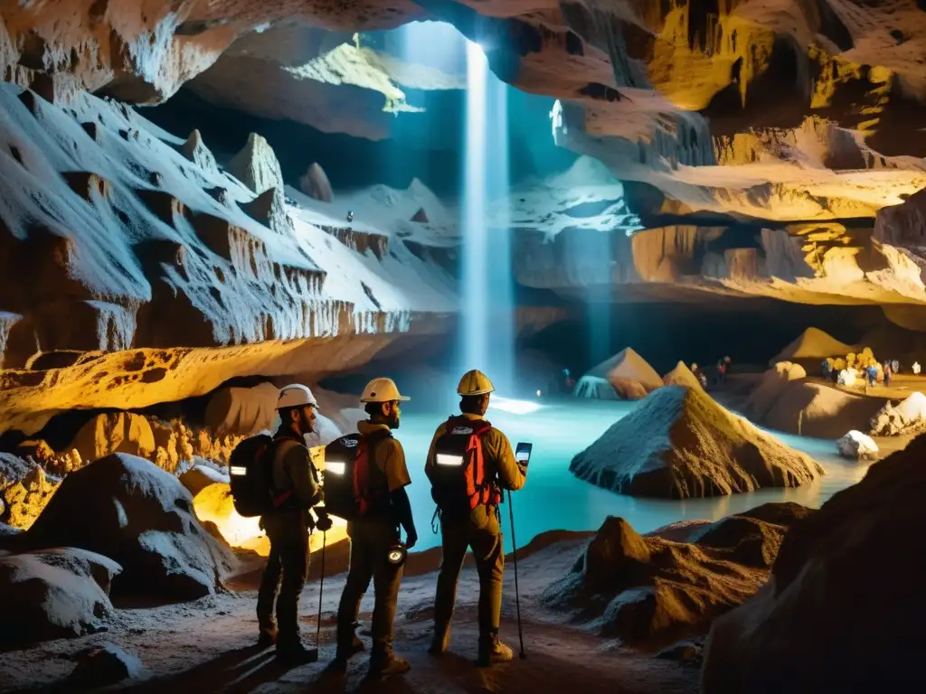 Exploración subterránea con realidad aumentada: Equipo de exploradores usando tecnología AR para mapear una cueva llena de estalactitas y estalagmitas