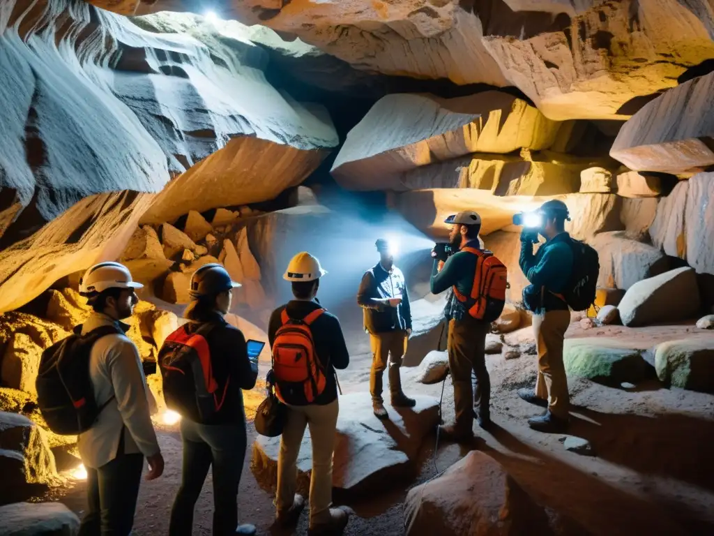 Exploración subterránea con realidad aumentada: geólogos estudian formaciones rocosas en una cueva iluminada por sus linternas y pantallas brillantes