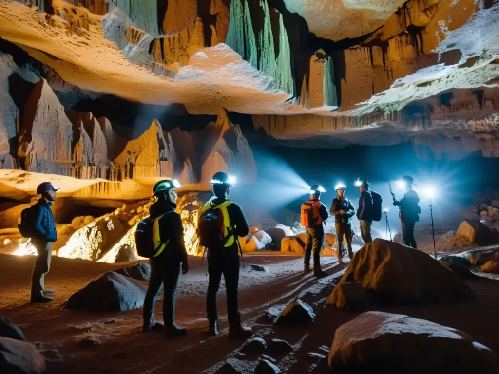 Exploración subterránea con realidad aumentada: Grupo de exploradores con auriculares AR iluminando una cueva con formaciones rocosas impresionantes