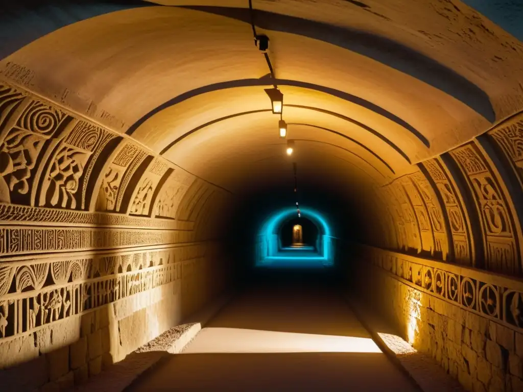 Exploración subterránea con realidad aumentada iluminando intrincadas carvings y arcos históricos, fusionando pasado y presente