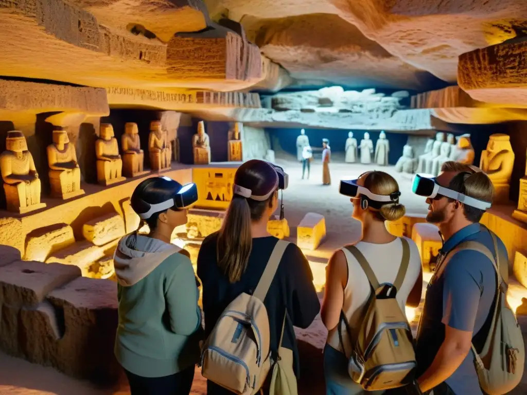 Exploración subterránea con realidad aumentada para turistas admirando ruinas antiguas en una caverna iluminada