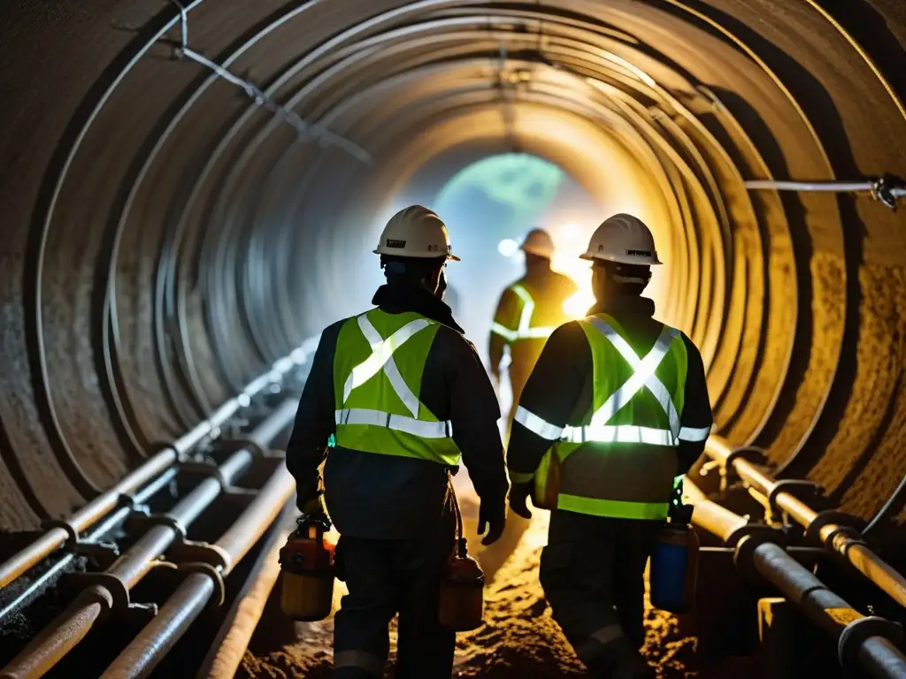 Exploración subterránea de sistemas de agua: trabajadores con equipo especial iluminados por lámparas, limpiando túneles oscuros