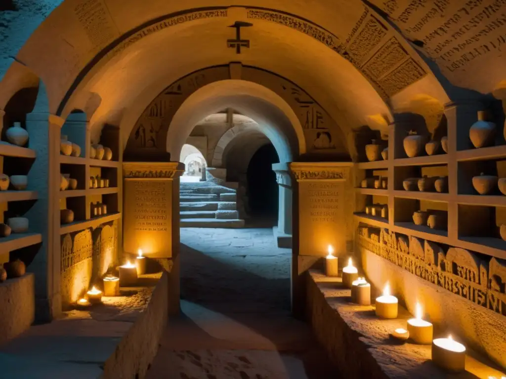 Peregrinación subterránea Jerusalén túneles: Cripta subterránea iluminada por velas, con osarios decorados y símbolos religiosos