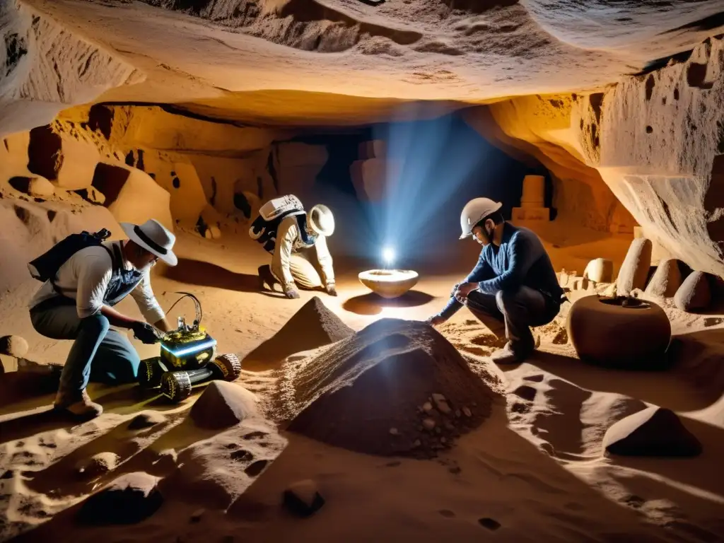 Exploración subterránea con tecnología robótica revelando tesoros arqueológicos en un ambiente misterioso y cautivador