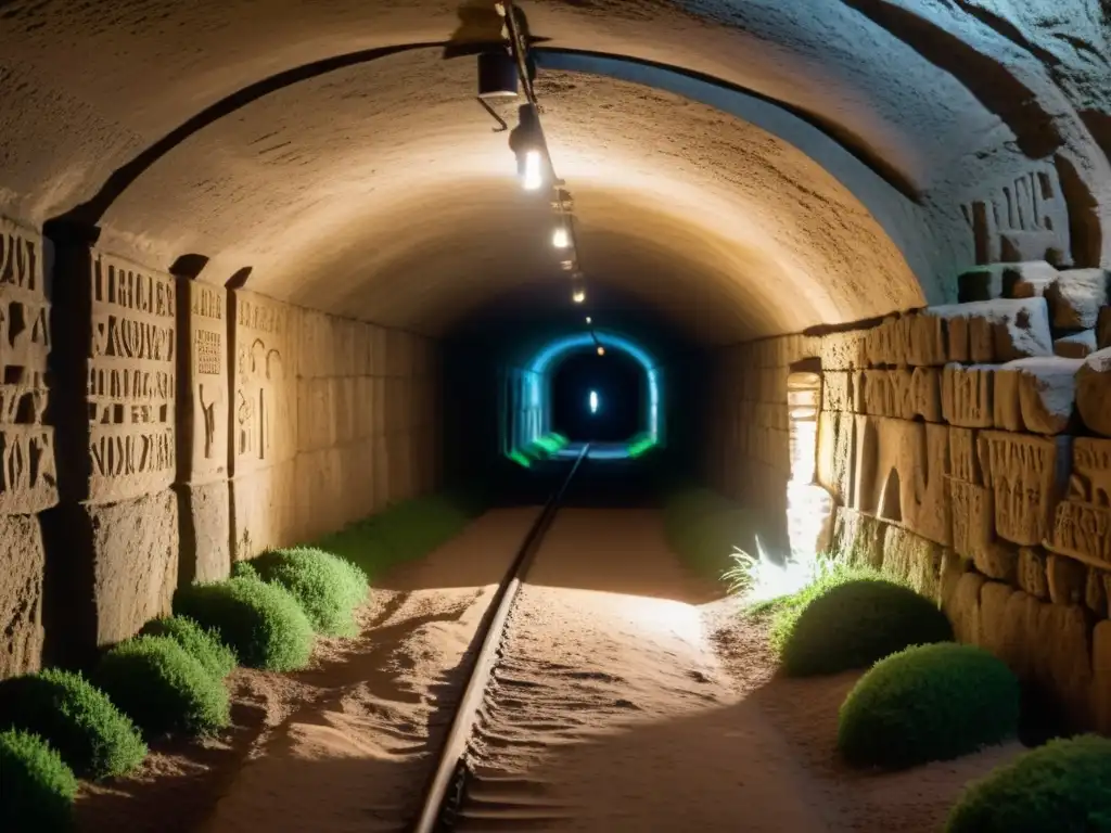 Exploración subterránea en un túnel estrecho con iluminación tenue, revelando antiguos hallazgos arqueológicos en túneles históricos