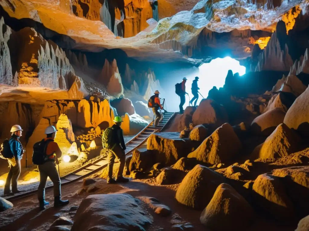 Exploración subterránea con turistas admirando formaciones rocosas