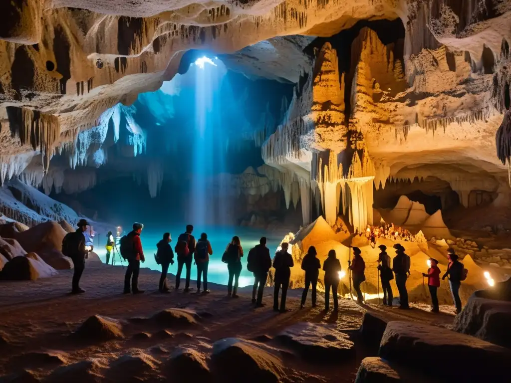 Exploración subterránea con guía turística en túneles históricos, iluminada por linternas en caverna llena de estalactitas y estalagmitas