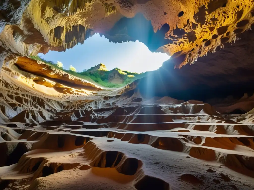 Fotografía de cuevas subterráneas iluminadas por luz dorada, mostrando estalactitas y estalagmitas detalladas