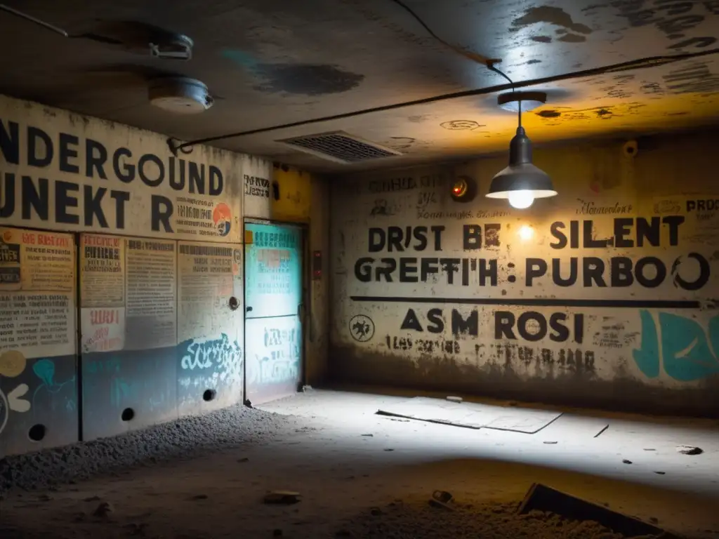 Bunker subterráneo con grafitis históricos iluminado por una bombilla