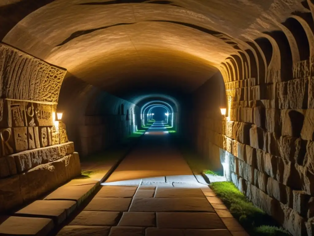 Túnel subterráneo iluminado por antorchas en un castillo europeo, revelando símbolos tallados en la piedra