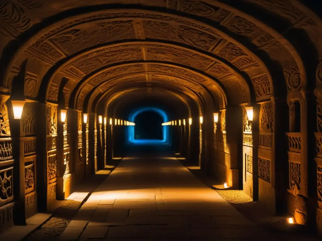 Túnel subterráneo iluminado por antorchas, con intrincadas carvings en las paredes