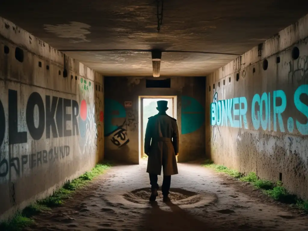 Bunker subterráneo en Albania con pasillos estrechos y grafitis en las paredes, evocando la historia y la atmósfera inquietante del lugar