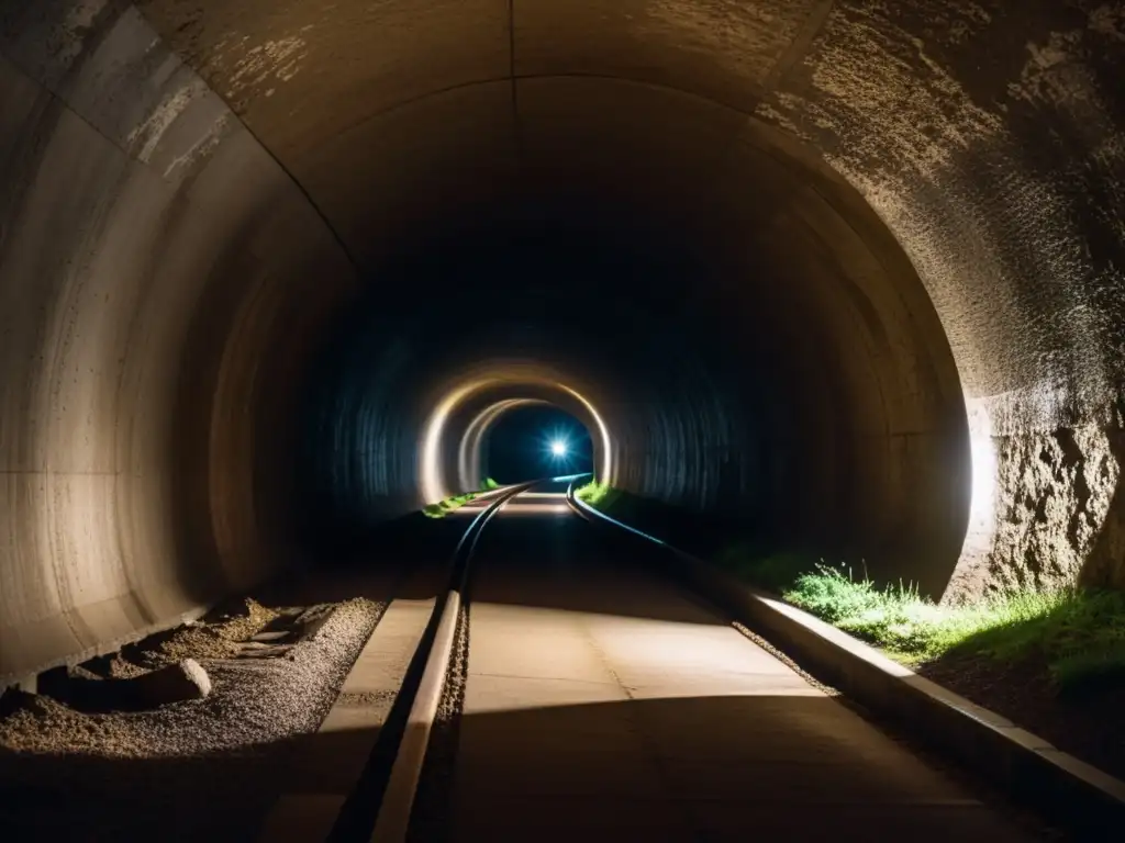 Una fotografía en túneles subterráneos nocturnos, con luces y sombras que realzan la atmósfera misteriosa y cautivadora