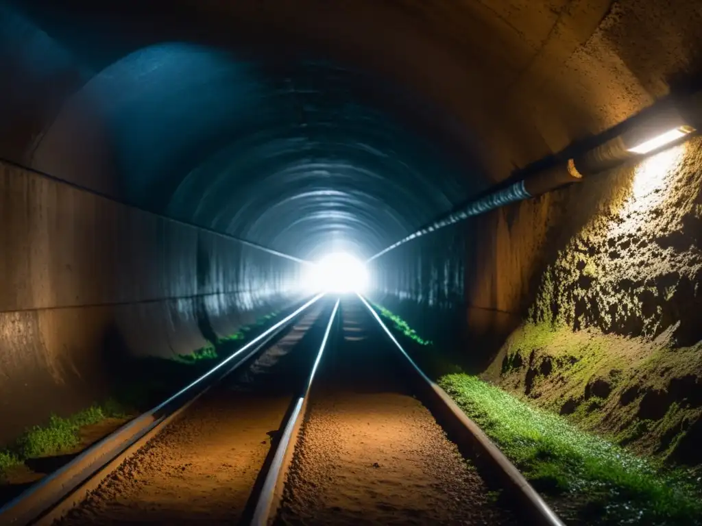 Una fotografía en túneles subterráneos nocturnos, con luz tenue filtrándose al final del pasaje