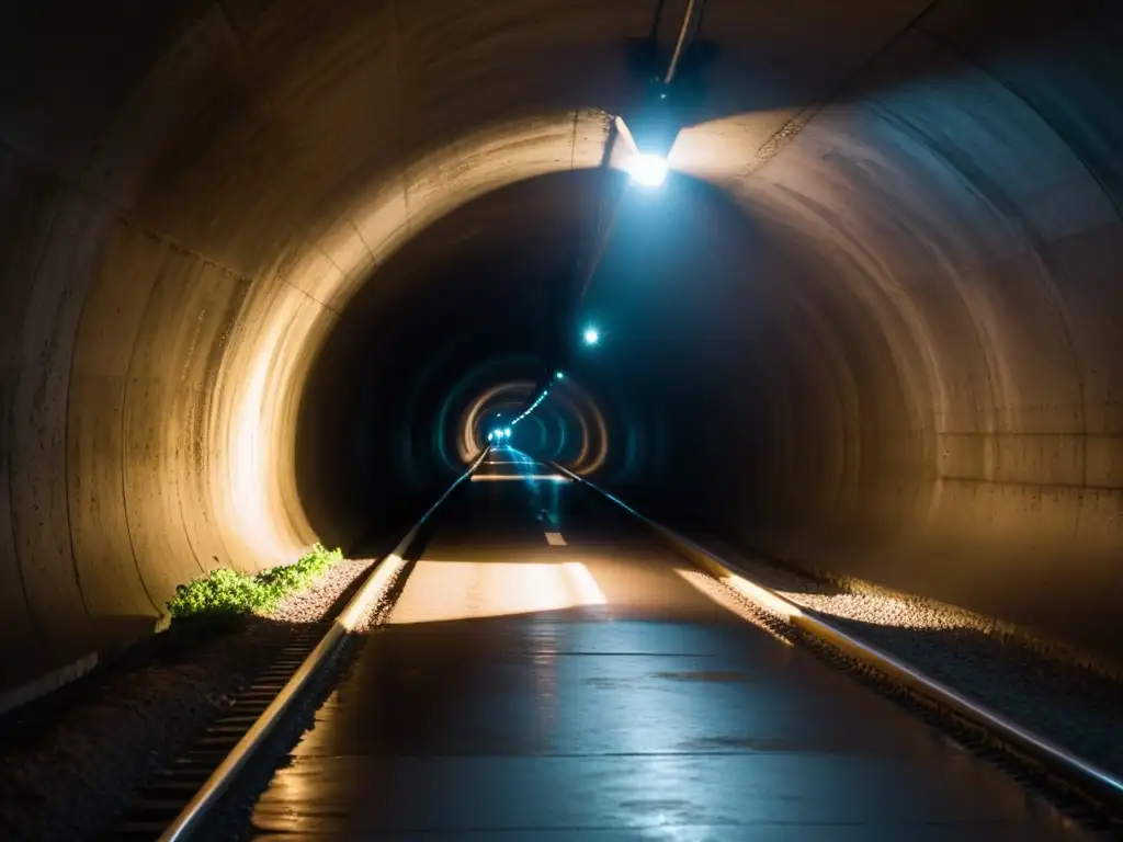 Una fotografía en túneles subterráneos nocturnos, con sombras dramáticas y una atmósfera misteriosa que revela la belleza de lo invisible