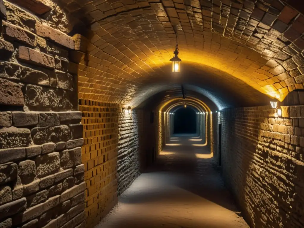 Explora la gestión tarifas túneles turísticos en un túnel subterráneo iluminado con luz dorada, arcos de ladrillo y antiguo equipo minero