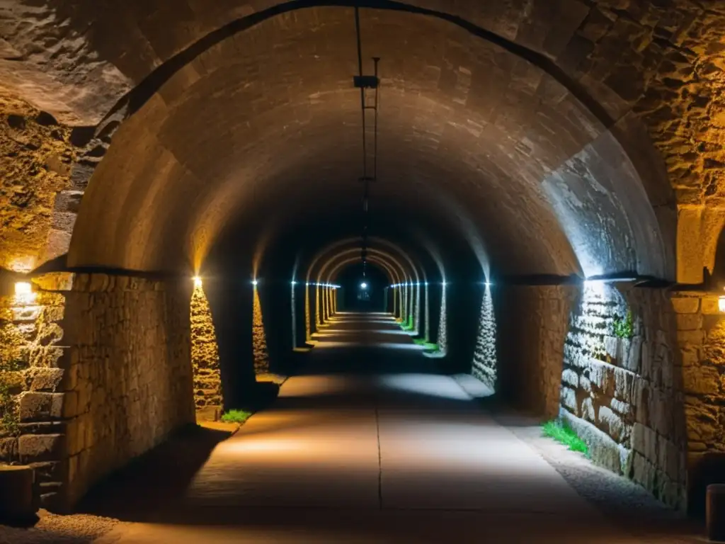 Técnicas de restauración túneles subterráneos: túnel subterráneo de piedra antigua iluminado, evocando misterio y curiosidad