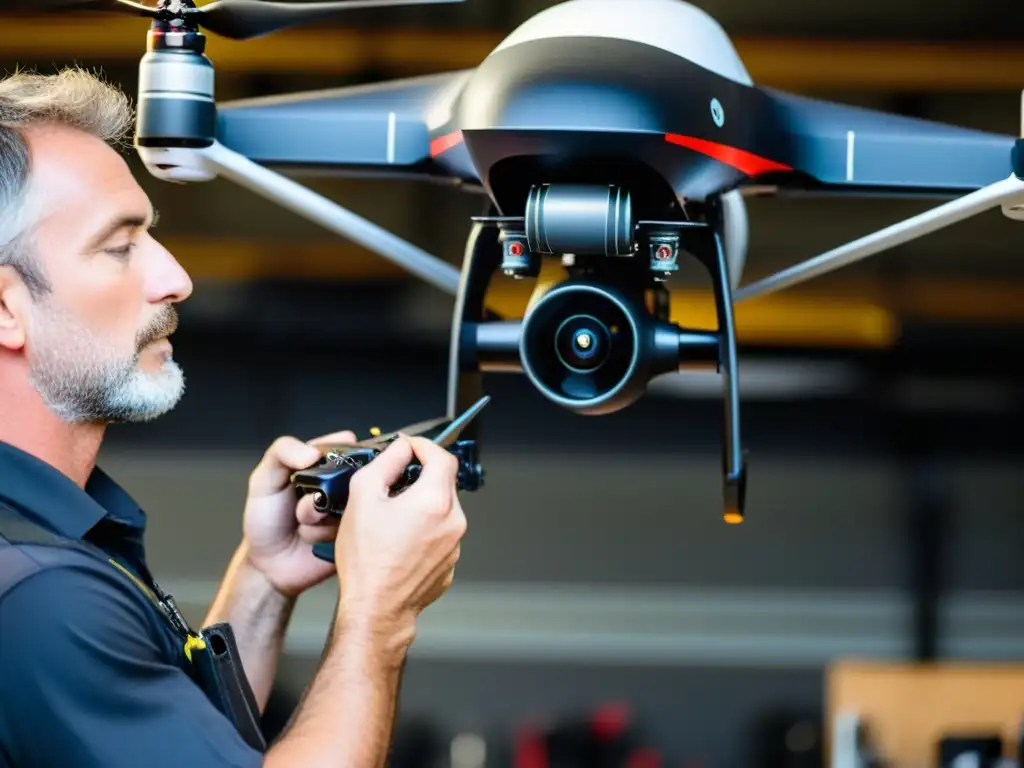 Un técnico reemplaza con cuidado la hélice de un dron en un taller bien iluminado