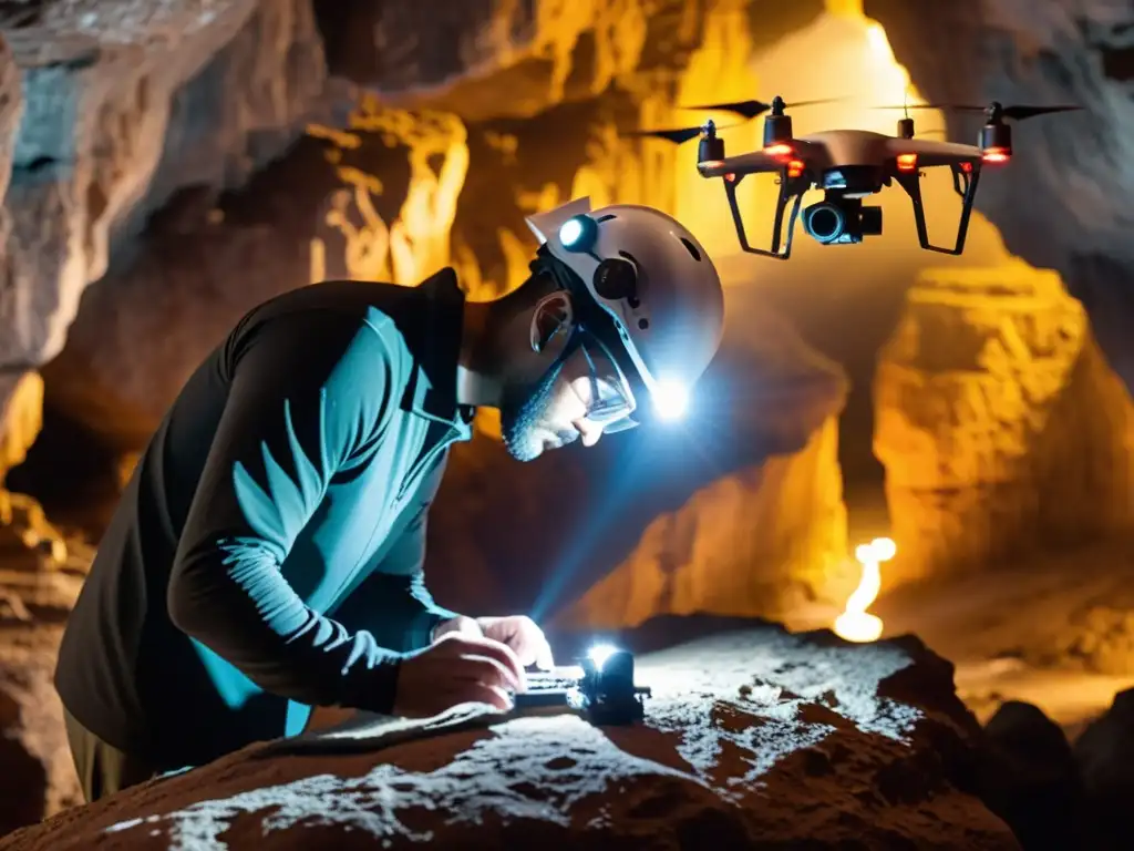 Un técnico inspecciona meticulosamente un dron en una caverna subterránea, transmitiendo emoción y preparación para la aventura