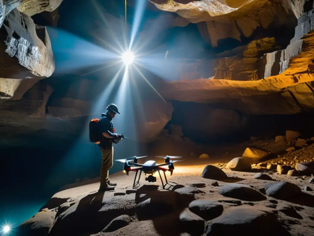 Un técnico inspecciona meticulosamente un dron en una caverna subterránea, preparándolo para aventuras subterráneas