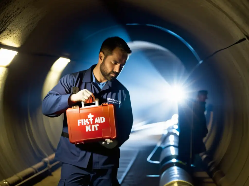 Un técnico inspecciona meticulosamente un kit de primeros auxilios para espacios confinados en un túnel oscuro, destacando su importancia