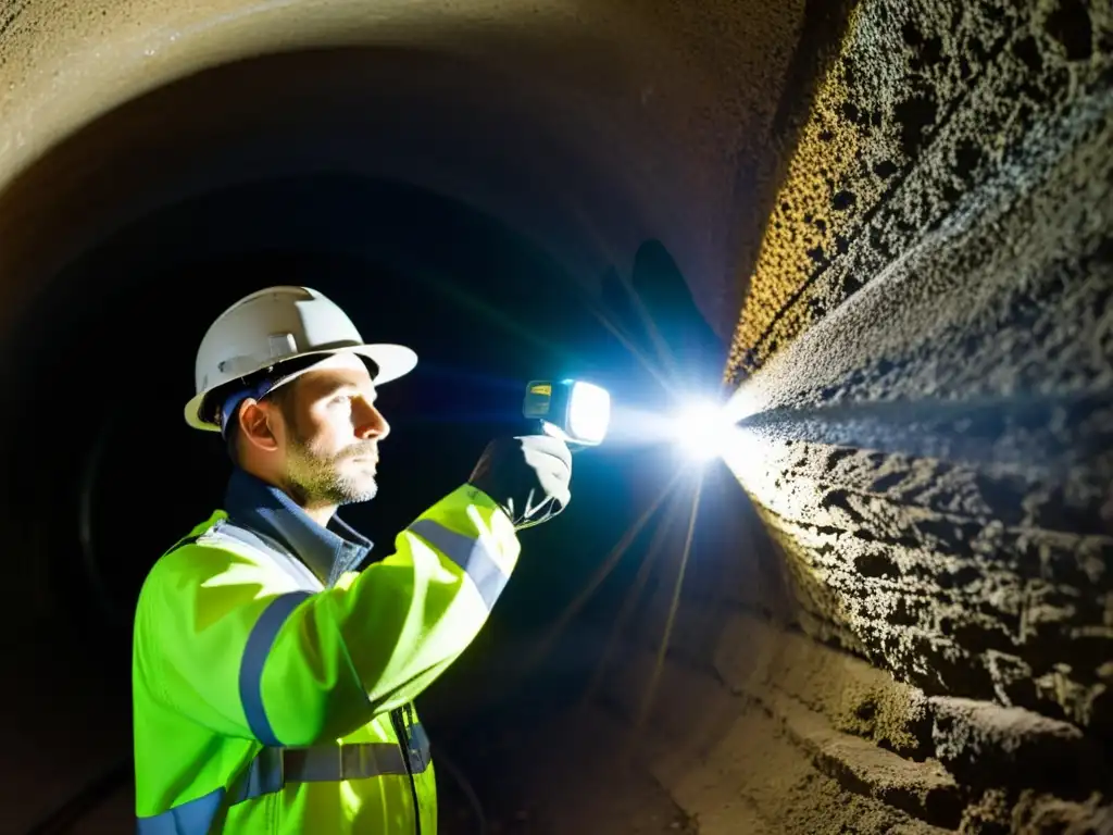 Un técnico con lámpara en la cabeza realiza mantenimiento a una cámara en un túnel subterráneo