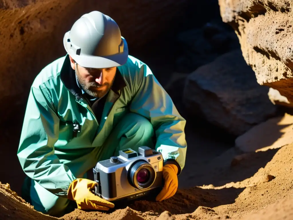 Un técnico inspecciona y limpia una cámara resistente en un entorno subterráneo, destacando la importancia del mantenimiento en ambientes subterráneos