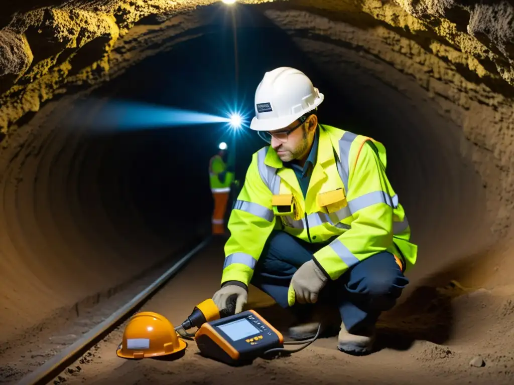 Un técnico calibra meticulosamente un monitor de gases en una mina subterránea