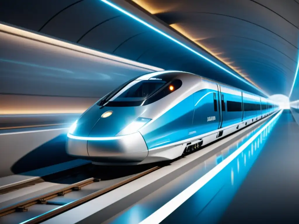 Tecnología futurista: un tren Maglev surca un túnel urbano rodeado de energía, en una ciudad dinámica y vibrante