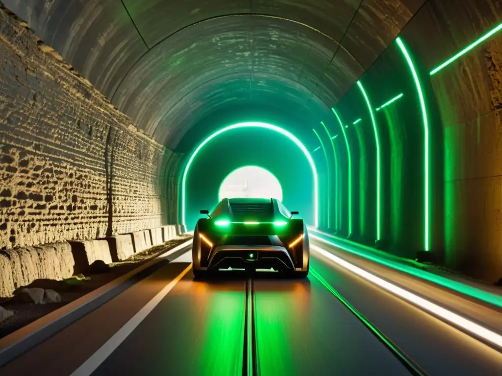 Exploración subterránea: vehículo robótico con LIDAR Explora la tecnología LIDAR en túneles históricos mientras un vehículo robótico mapea con su tenue brillo verde los intrincados detalles de un antiguo túnel