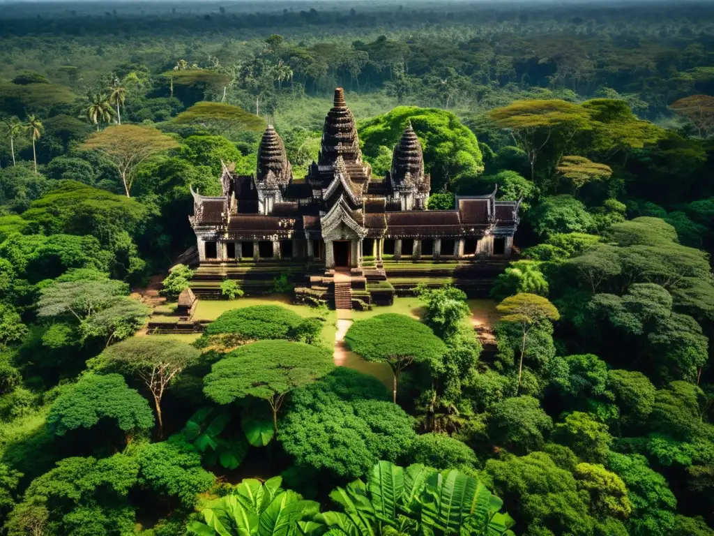 Templos antiguos apenas visibles bajo la densa selva verde de Camboya, revelando un mundo oculto de historia y misterio