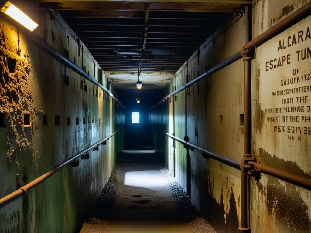 Explora los tenebrosos túneles de escape de Alcatraz, con pasadizos claustrofóbicos, paredes desmoronadas y detalles atmosféricos que evocan misterio