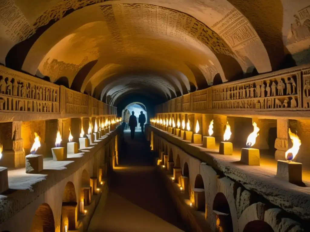 Explora el tour especializado catacumbas San Calixto, un lugar de historia y arte subterráneo, iluminado por antorchas en un ambiente sobrecogedor