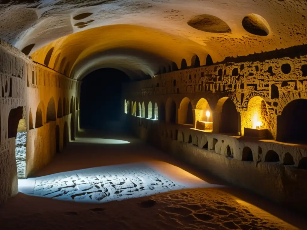 Exploración en tour especializado catacumbas San Calixto, rodeado de misterio y elegancia antigua en tumbas intrincadas iluminadas por antorchas