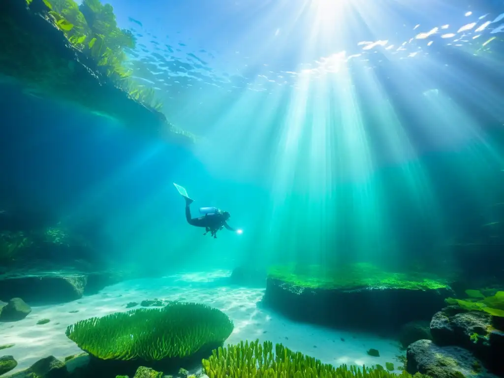 Tours subacuáticos en cenotes: Un cenote cristalino con luz filtrándose a través del agua, creando un escenario submarino cautivador