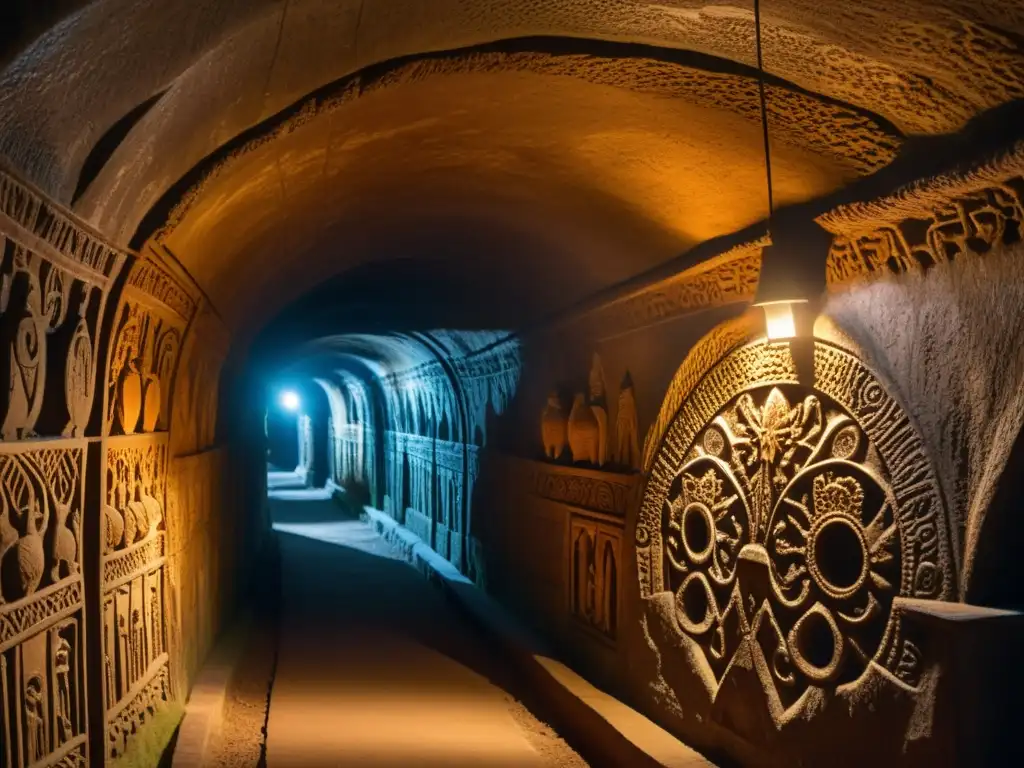 Explora los tours subterráneos folklore local en un túnel misterioso iluminado por antorchas antiguas, con grabados en las paredes