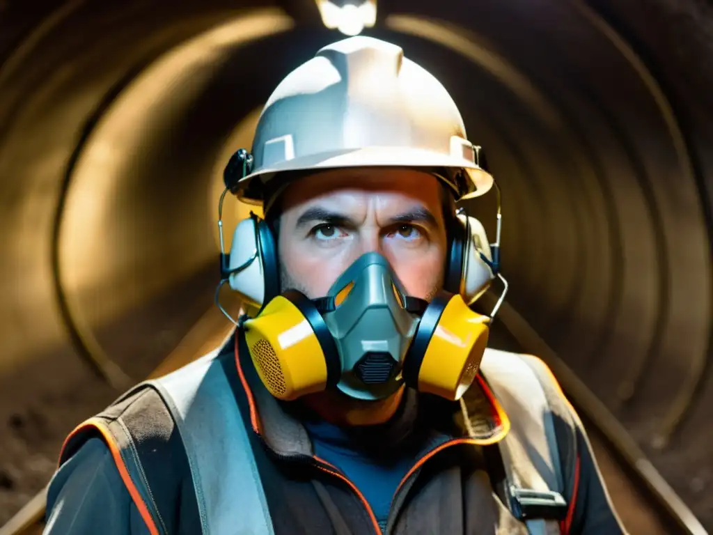 Trabajador determinado con protección auditiva en túnel subterráneo Trabajador en túnel subterráneo con protección auditiva en entornos ruidosos