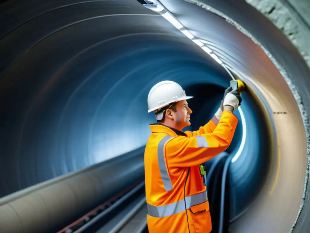 Un trabajador de la construcción refuerza las paredes de un túnel con materiales compuestos, mostrando tecnología avanzada y precisión